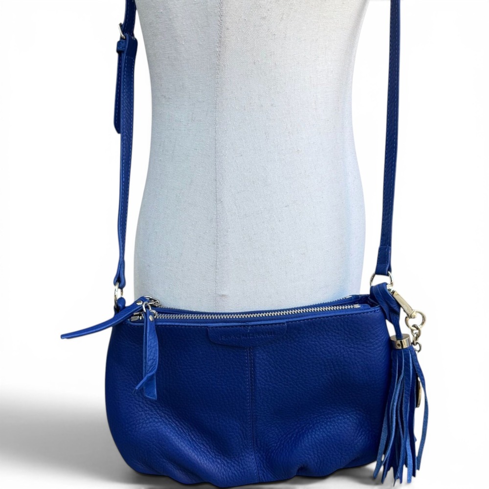 Isaac Mizrahi Cobalt Blue Pebbled Leather Crossbody Tassel Bag Luxury Minimalist